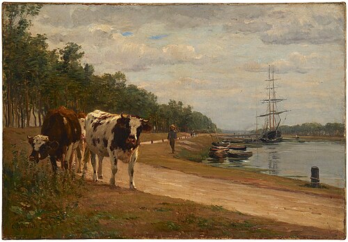 Cows along a Canal Pathway, , Léon Barillot