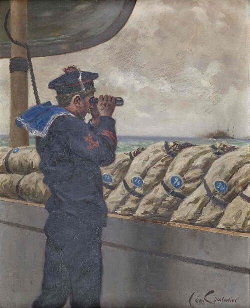 Timonier devant les hamacs au bastingage, 1910, Léon Couturier