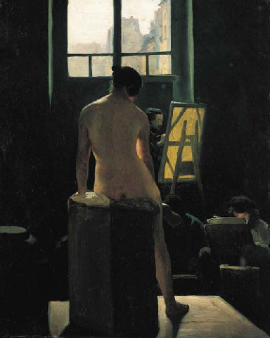 Nu féminin assise devant un groupe d'artistes, 1850, Mathieu Cochereau