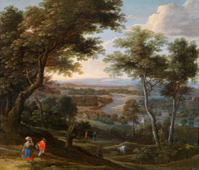Wide wooded landscape with rustic figures, 1650, Jacques Fouquières