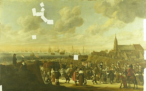 The departure of King Charles II of England from Scheveningen, 2 June 1660, 1680, Cornelis Beelt