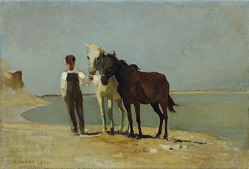 Ein Junge mit Pferden am Strand, 1872, Franz Rumpler