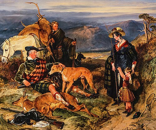 Scene in the Highlands, with portraits of the Duchess of Bedford, the Duke of Gordon and Lord Alexan, 1826, Edwin Landseer