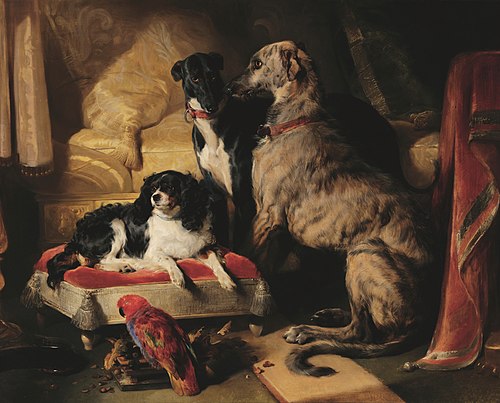 Hector, Nero, and Dash with the parrot, Lory, 1838, Edwin Landseer