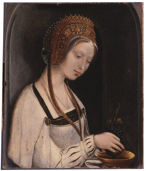 A female Saint, half-length, in a white dress, in a feigned stone niche: a fragment, 1518, Master of 1518