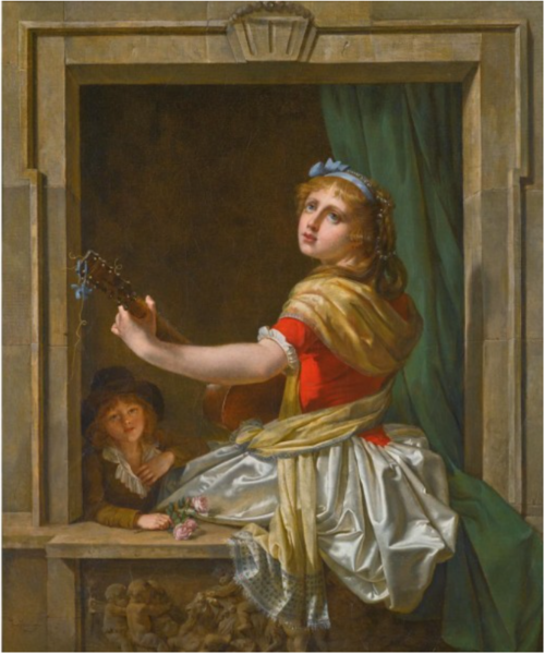 A young woman with a guitar seated at an open window, 1795, Martin Drolling