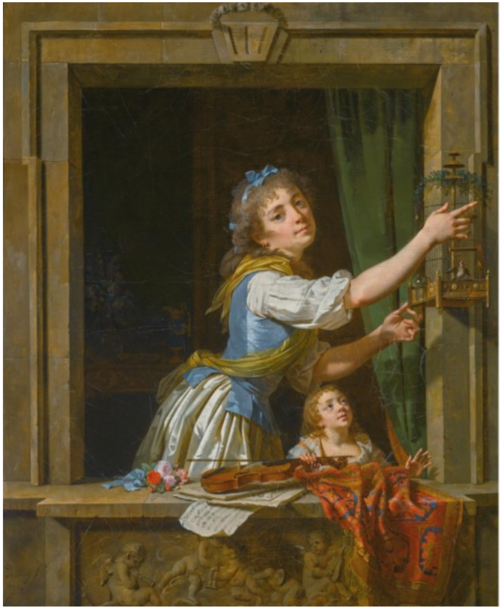A young woman setting a bird free from a cage at an open window, 1700, Martin Drolling