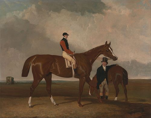 'Elis' at Doncaster, Ridden by John Day, with his Van in the Background, 1836, Abraham Cooper