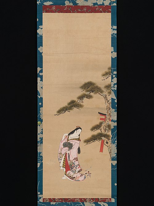 The Third Princess and a Cat, from the "New Herbs I" (Wakana I) chapter The Tale of Genji (Genji mon, 1749, Matsuno Chikanobu