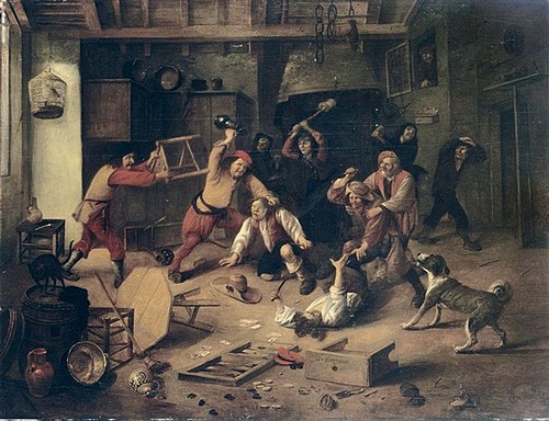 Peasants brawling in a tavern interior., 1650, Abraham Diepraam
