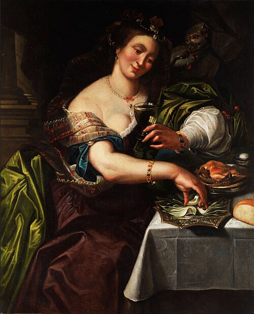 Young woman with a wineglass and artichokes (Allegory of Lascivea or Taste), 1619, Abraham Janssens I
