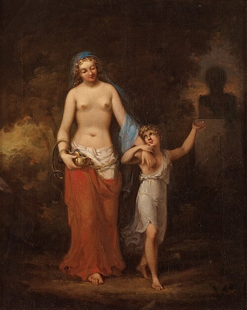 Caesarion pointing her mother to a bust of his father, 1814, Johan Gustaf Sandberg