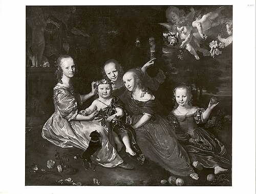 Die Geschwister, Porträt von fünf Kindern in einer Landschaft mit Putten, 1647, Abraham van den Tempel
