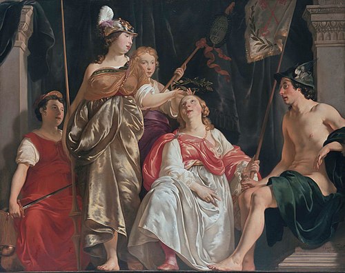 De Leidse Stedenmaagd door Minerva bekroond, 1650, Abraham van den Tempel