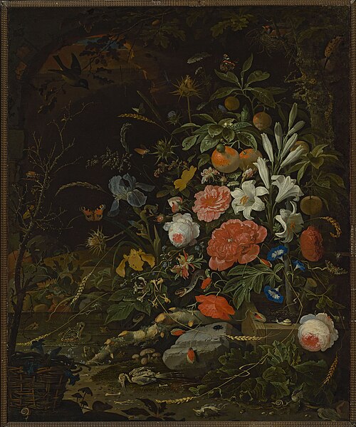 Composition de fleurs et de petits animaux (Vanitas)., 1650, Abraham Mignon
