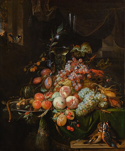Still Life with Plums, Peaches, Apricots, Grapes and a Melon, 1665, Abraham Mignon