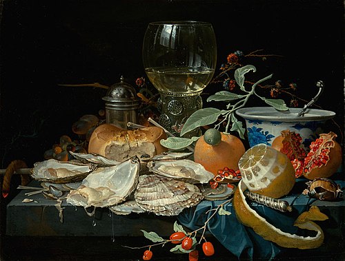 Still Life with a Goblet of Wine, Fruit and Oysters, 1670, Abraham Mignon