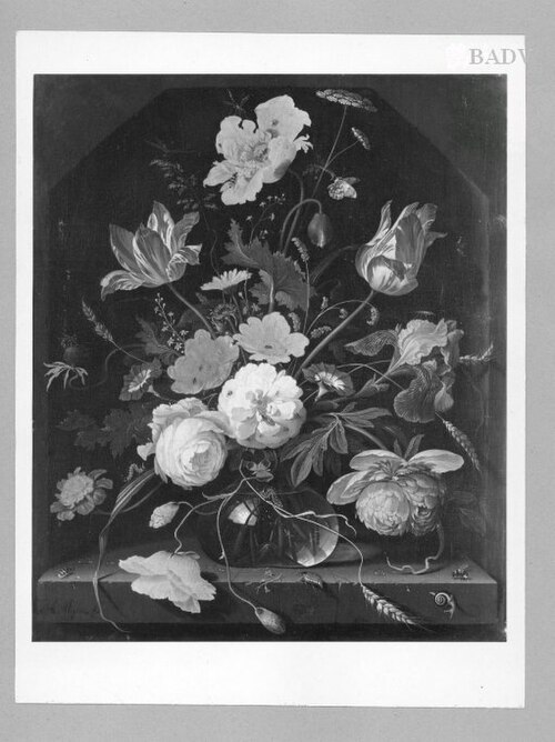 Flowers in a Vase on a plinth, 1665, Abraham Mignon