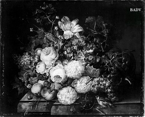 Flowers and fruit on a plinth, 1665, Abraham Mignon