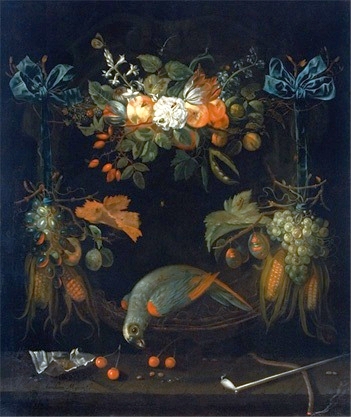 Still-life with a parrot., 1674, Abraham Mignon