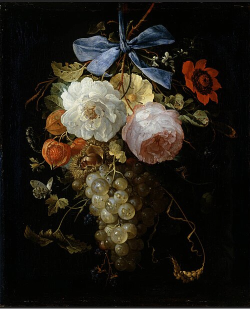 Fruits and flowers on a blue ribbon, 1672, Abraham Mignon