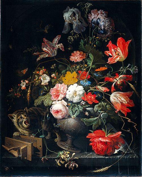 Bouquet with cat and mousetrap, 1650, Abraham Mignon