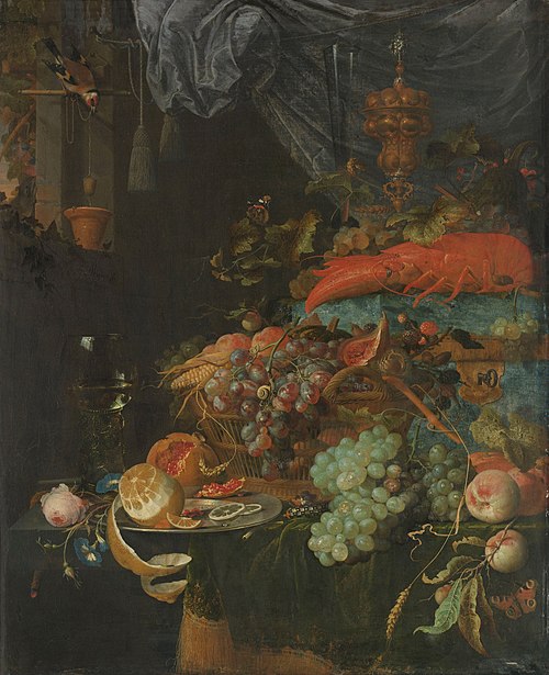 Still life with fruit and a finch drawing water, 1660, Abraham Mignon