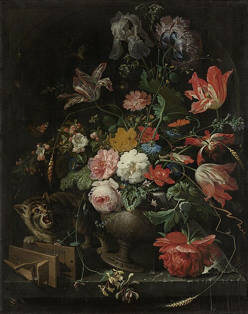 Chat renversant un vase de fleurs, 1670, Abraham Mignon