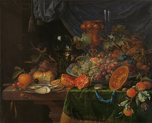 Still life with fruit and oysters, 1669, Abraham Mignon