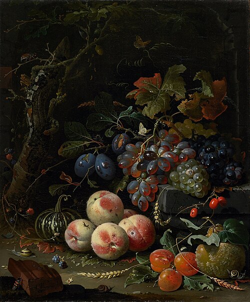 Still Life with Fruits, Foliage and Insects, 1669, Abraham Mignon