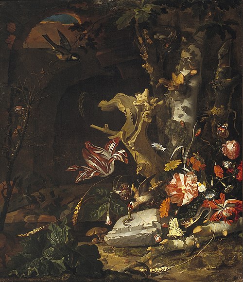 Stillife, flowers and bird-nest, 1669, Abraham Mignon