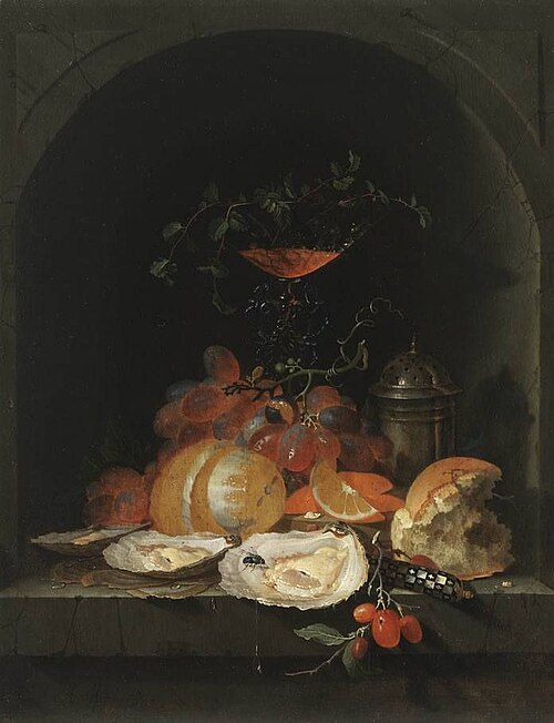 Fruit and oysters in a niche, 1671, Abraham Mignon