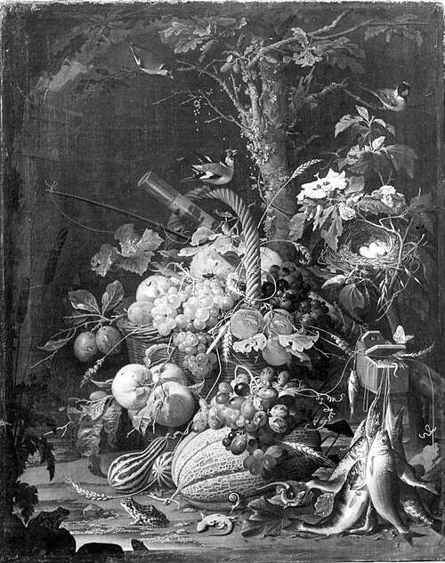 Still life with fruit, fish and a bird's nest, 1659, Abraham Mignon