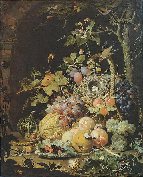 A  bird's nest in a fruit basket, 1659, Abraham Mignon