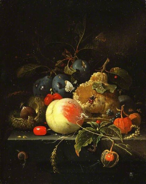 Still-life: fruit and nuts on a stone ledge, 1672, Abraham Mignon