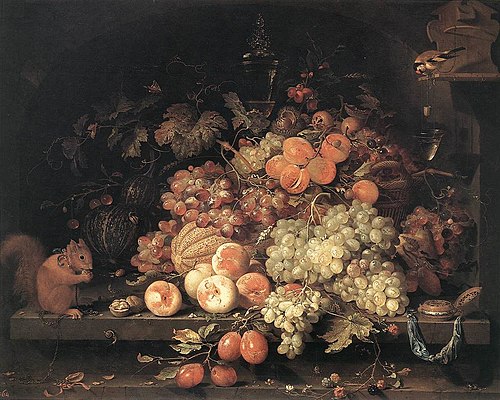 Fruit still life with goldfinch and squirrel, 1668, Abraham Mignon