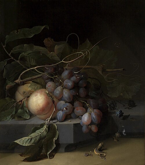 Fruit Still life with Lizard, 1670, Abraham Mignon