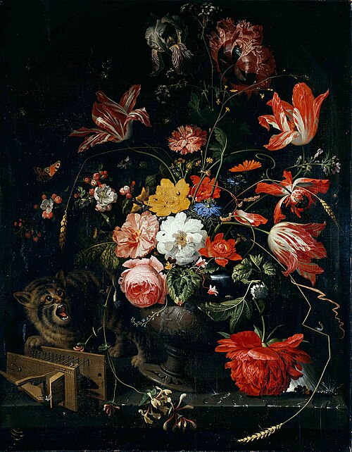 Chat renversant un vase de fleurs, 1670, Abraham Mignon