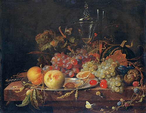 Still Life with Fruit, Tin Plate and Wine Glasses, 1663, Abraham Mignon