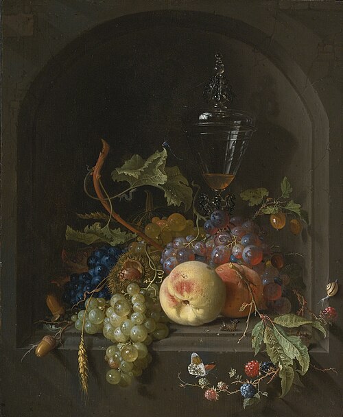 Still life of grapes, peaches, blackberries, acorns, prickly fruit, an elaborate glass and various i, 1665, Abraham Mignon