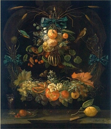 Still-life of flowers and fruits, 1674, Abraham Mignon
