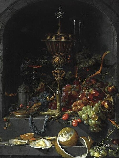 Still life of fruit and a chalice in a niche, 1665, Abraham Mignon