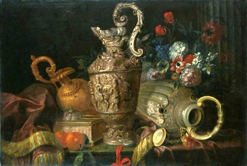 Still life with pitchers and flowers., 1680, Meiffren Conte