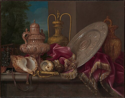 Still Life with Silver and Gold Plate, Shells, and a Sword, 1650, Meiffren Conte