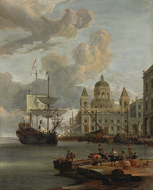 A Mediterranean harbor with figures unloading cargo, , Abraham Storck