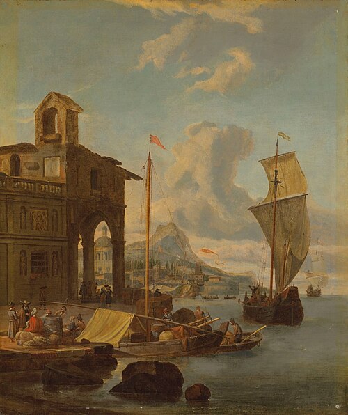 A Mediterranean harbour with figures loading cargo, a mountain beyond, , Abraham Storck