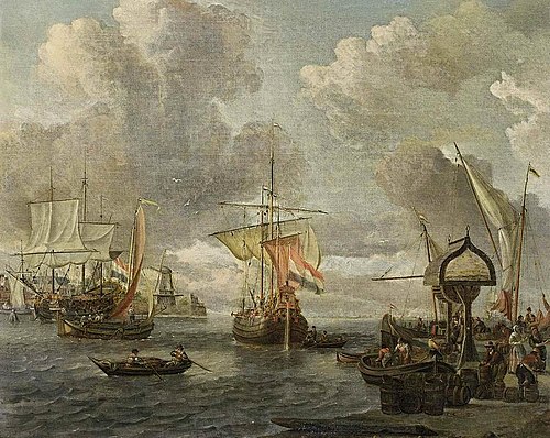 View of a Harbour on the Zuiderzee, 1680, Abraham Storck