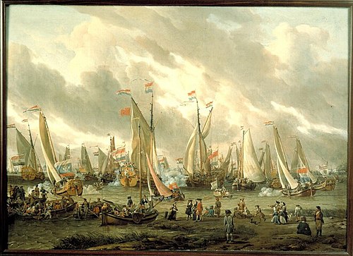 Mock fight on lake IJ in honor of Tsar Peter the Great on 1 september 1697, 1700, Abraham Storck