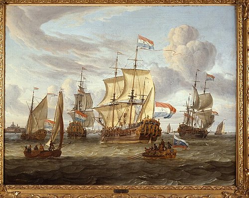 Het retourschip Pieter en Paul van de Amsterdamse Kamer van de VOC op het IJ, 1698, Abraham Storck