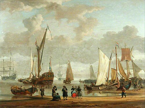 Coast Scene with Shipping Anchored Off-Shore and Figures on a Beach in the Foreground, 1684, Abraham Storck